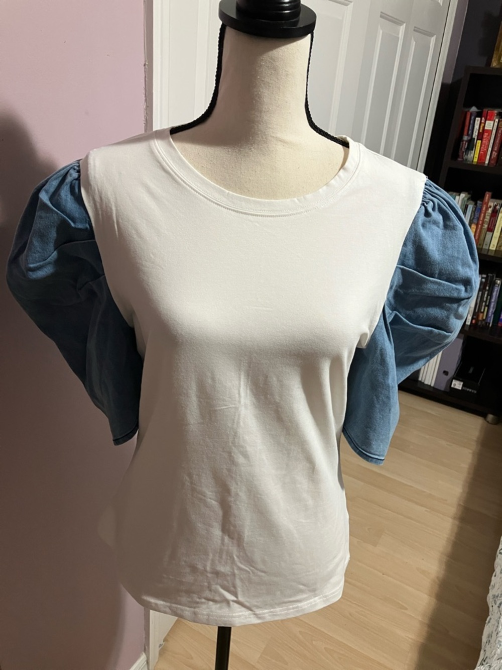 Pastels White Tee with Blue Puff Sleeves